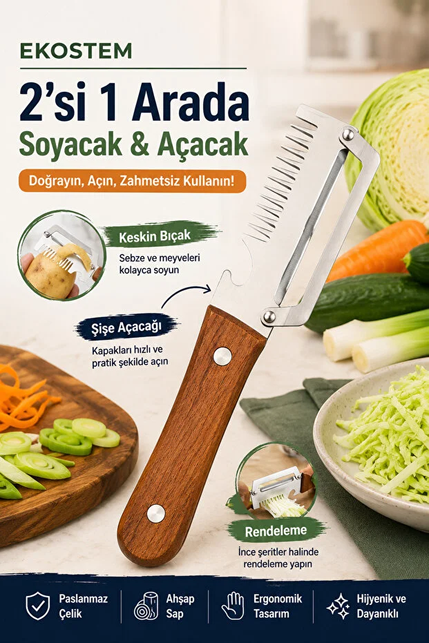 2 in 1 Çok Fonksiyonlu Sebze Soyacağı Kesme, Soyma, Açma, Rendeleme, Dilimleme Dahil Paslanmaz Çelik 2 in 1 Çok Fonksiyonlu Sebze Soyacağı Kesme, Soyma, Açma, Rendeleme, Dilimleme Dahil Paslanmaz Çelik